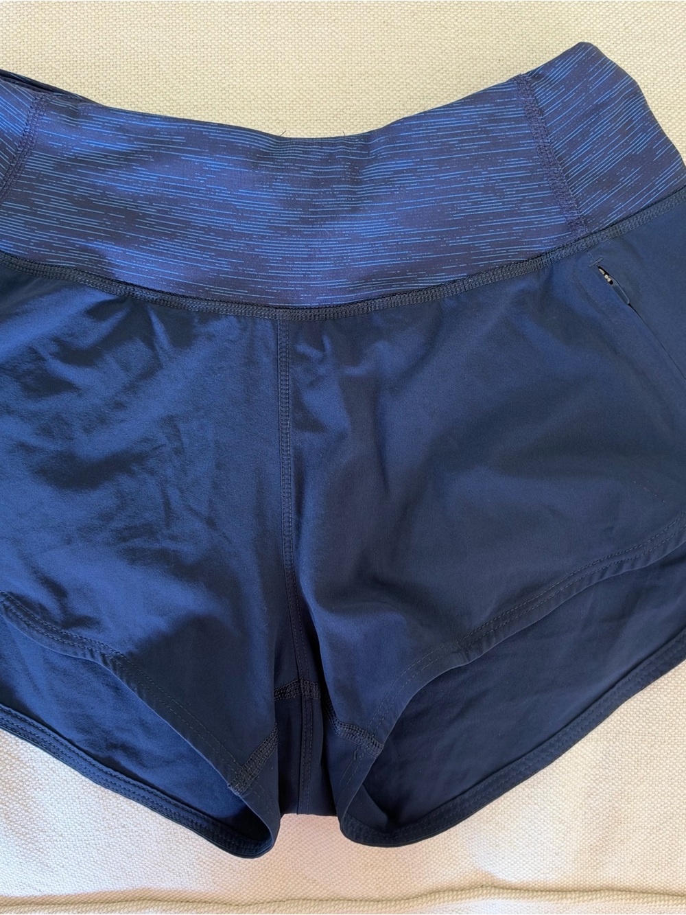 Outdoor Voices Navy Blue Athletic Shorts with Patterned Waistband